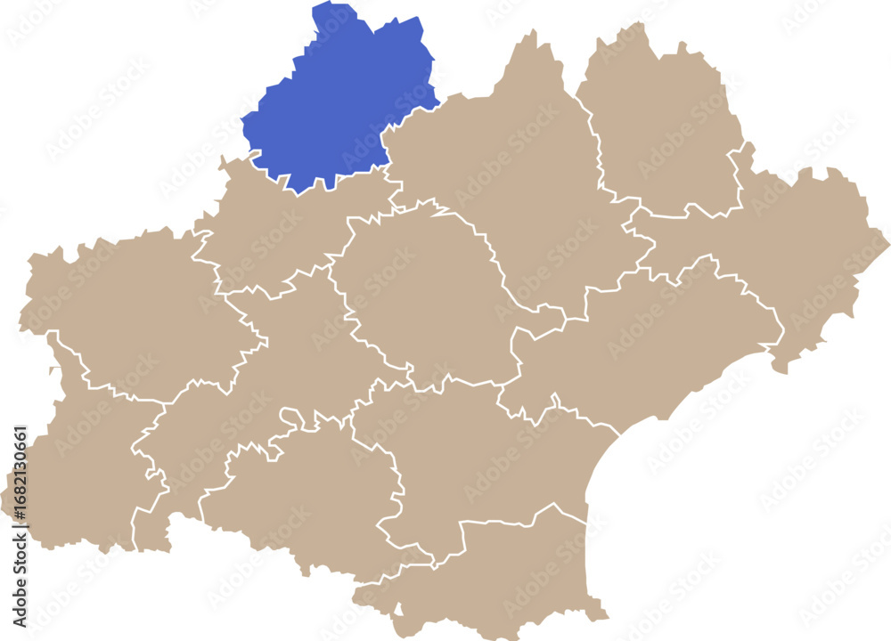 Obraz premium Illustration carte de la région Occitanie avec département Lot mis en lumière