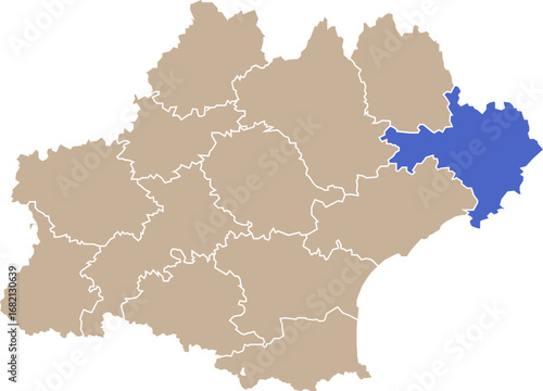 Illustration carte de la région Occitanie avec département Gard mis en lumière
