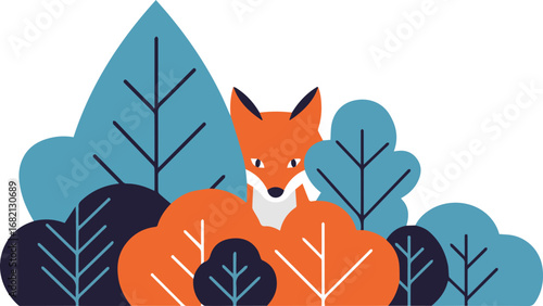Clever fox peeking out from vibrant abstract forest foliage in warm autumn colors