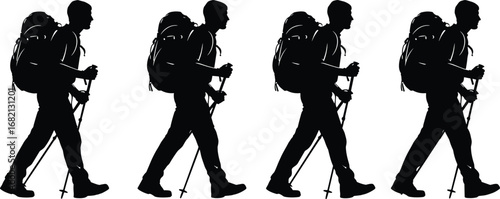 Silhouette person hiking with backpack and trekking poles, outdoor adventure, black vector illustration, walking pose, minimalist white background