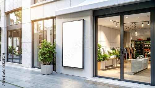 Wallpaper Mural Modern retail storefront with a blank digital screen and lush green plants outside a contemporary building Torontodigital.ca