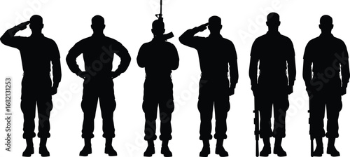 Silhouette soldiers in uniform with rifles and salute poses, military stance variations, black vector illustration, armed forces concept