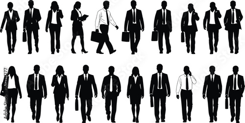 Silhouetted business professionals group, formal attire diversity, corporate workplace concept, black and white vector illustration for branding and design use