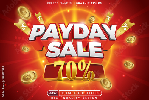 Editable 3d vector text effect pay day sale 70% with coin for promotion poster template