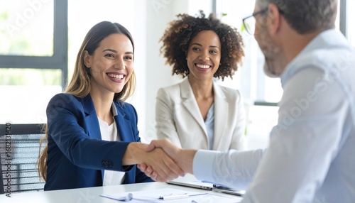 Three people engage in a business meeting. A handshake is occurring, with two smiling women and a man present. Bright office environment