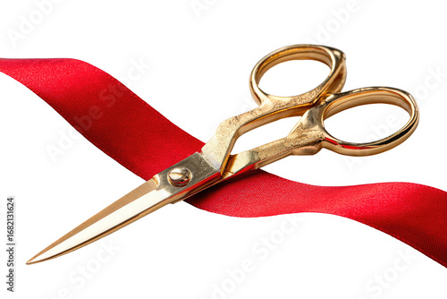 Gold scissors cutting a red ribbon