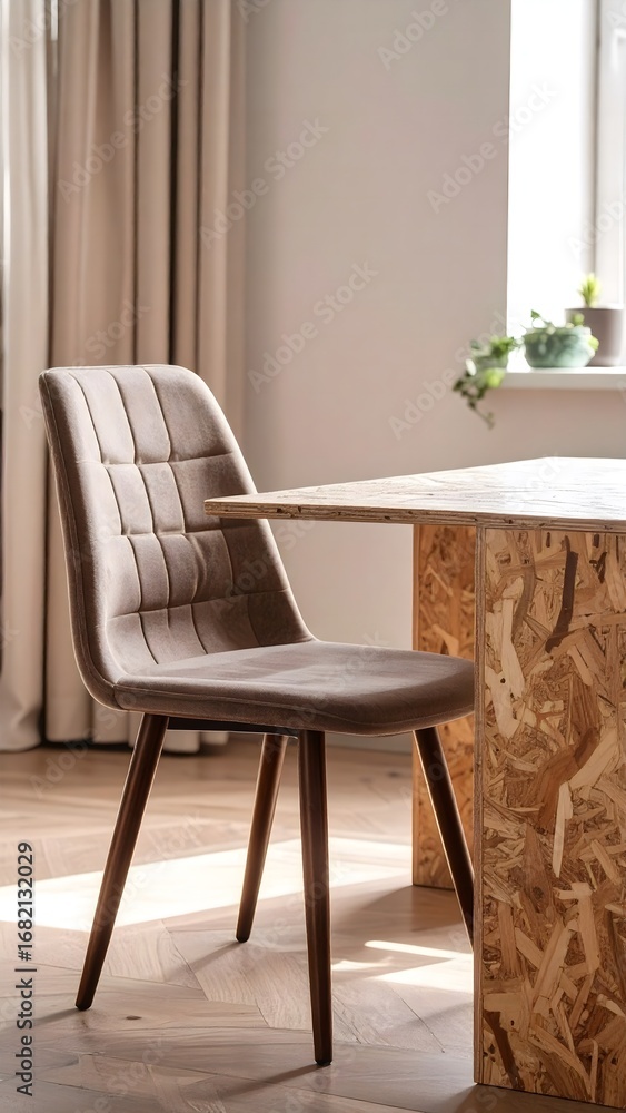 Fototapeta premium A cozy dining space featuring a modern, upholstered chair with a checkered pattern and a unique table made of engineered wood.