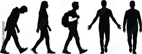 Silhouetted people in varied walking and standing postures, casual attire, black and white vector illustration for motion and design reference