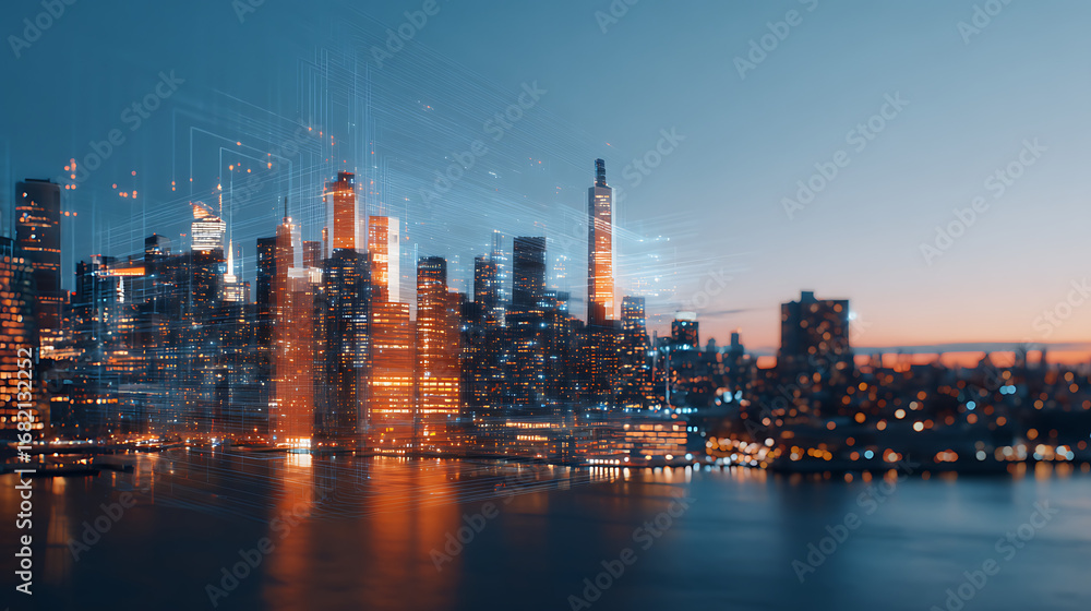 Fototapeta premium futuristic ai interface concept over hudson yards skyline in manhattan, new york with digital technology overlay and modern cityscape reflection.