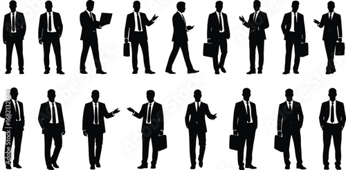 Silhouettes of fifteen businessmen in formal attire including suits and ties, showcasing professional gestures and posture on white background vector