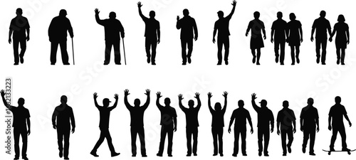 Silhouettes of people in varied poses and gestures including walking, standing, raising hands, and interaction on white background vector