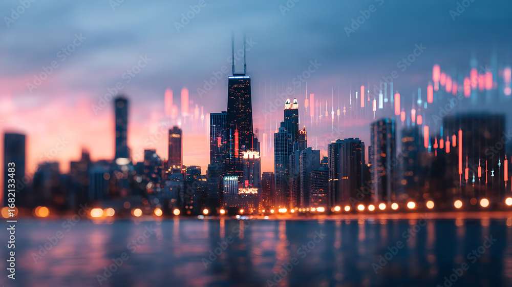 Fototapeta premium digital data analytics overlay on chicago downtown skyline with lake view.