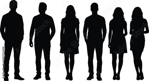 Silhouettes of six individuals in upright posture, featuring gender diversity and clothing styles like dresses and pants on white background vector