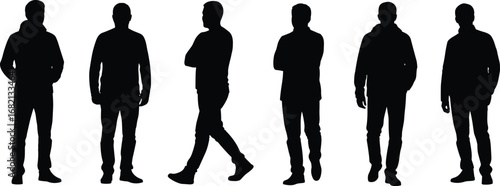 Silhouettes of six men in different walking and standing poses, showcasing posture, clothing style, and gesture on white background vector