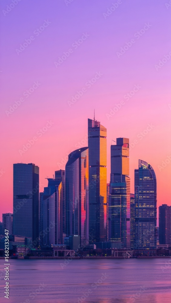Obraz premium Modern city skyline at sunset with vibrant purple and pink sky