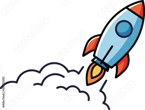 Dynamic rocket blasting off with fiery exhaust and trailing smoke, symbolizing progress and innovation