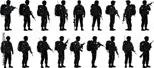 Silhouettes of sixteen soldiers in tactical gear with rifles and backpacks, showcasing military posture and activity on white background vector