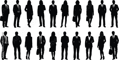 Silhouettes of twenty business professionals in formal attire including suits, skirts, and briefcases, standing in rows on white background