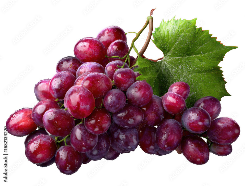 Obraz premium Close-up of fresh red grapes with green leaf isolated on white background with water droplets