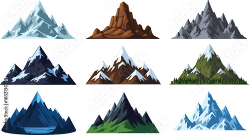 Stylized mountain range vector set in grid layout, showcasing diverse geological formations, snow peaks, forest bases, and rocky terrain