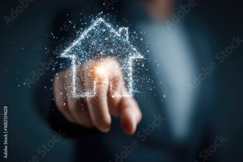 Hand points at a digital house icon