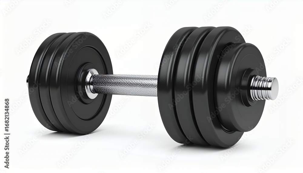 Naklejka premium Close-up of a black dumbbell with weight plates on a white background.
