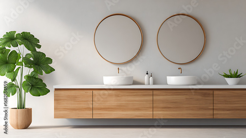 Fototapeta Naklejka Na Ścianę i Meble -  modern minimalist kitchen interior with wood cabinetry, dual round mirrors, and sleek faucets on white wall background in natural lighting concept design. 3d rendering