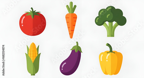 A vibrant collection of fresh vegetable illustrations presented in a modern flat icon style for healthy eating and nutrition concepts