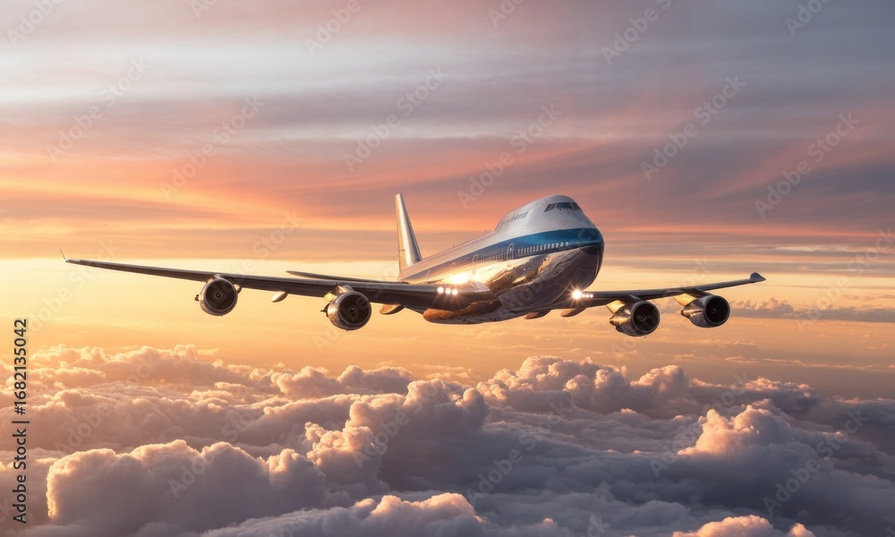 Obraz premium Large jet plane soars above fluffy clouds at sunset