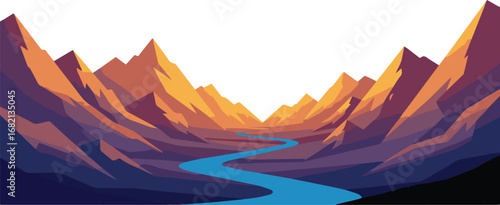 Vibrant mountain valley with winding river under warm sunset glow, serene natural landscape