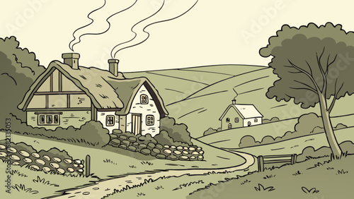 Charming countryside cottage illustration with rolling hills and scenic landscape vector design