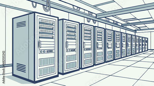 Data center server room with rack servers for hosting cloud computing and data storage solutions