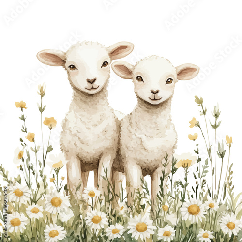Cute Lambs Green Meadow, watercolor vector, isolated on a white background.