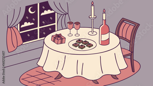 Romantic dinner date night illustration with wine candles and gift for valentine's day celebration 95
