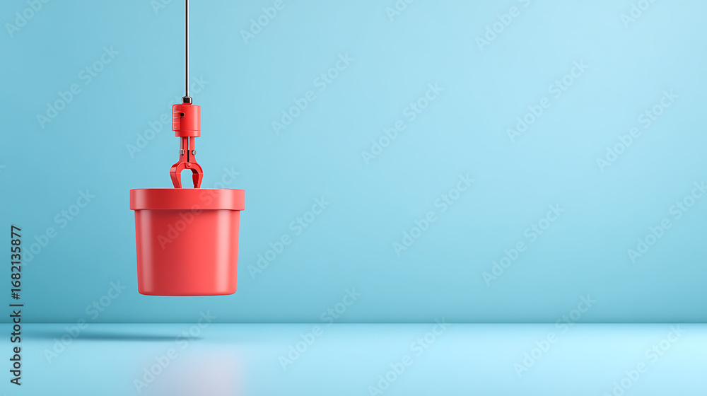 Fototapeta premium claw machine joystick and control button with mechanical grabbing arm suspended above empty blue container on white background. concept of choice and chance. 3d rendering