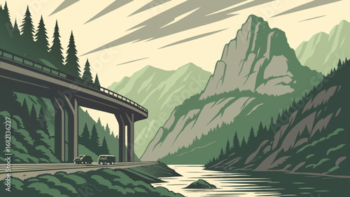 Scenic mountain road trip vector illustration with bridge, river, and forest landscape view design