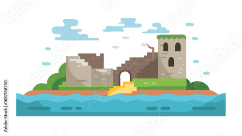 Illustration of old castle ruins on island with sea view vector design for travel and tourism ads