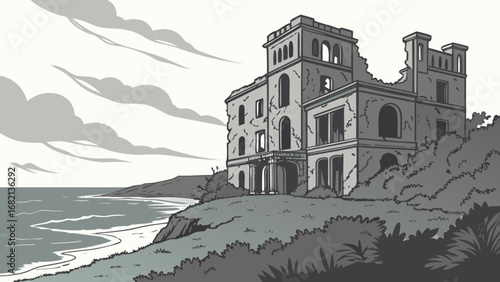 Illustration of coastal abandoned mansion ruins overlooking the ocean with dramatic sky and landscape