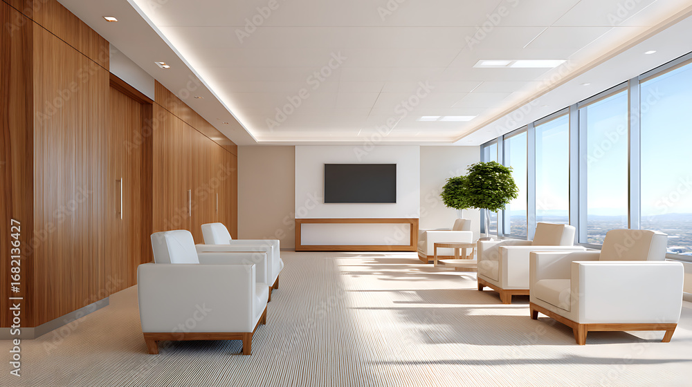 Fototapeta premium wooden office waiting room with armchairs and tv