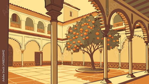 Explore the andalusian courtyard architecture with orange tree and archways in this illustration art