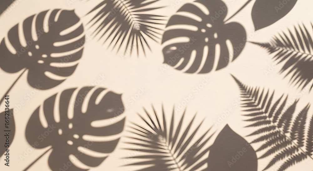 Fototapeta premium Shadows of tropical leaves, including Monstera and palm fronds, are cast on a light beige surface, creating a natural, textured background.