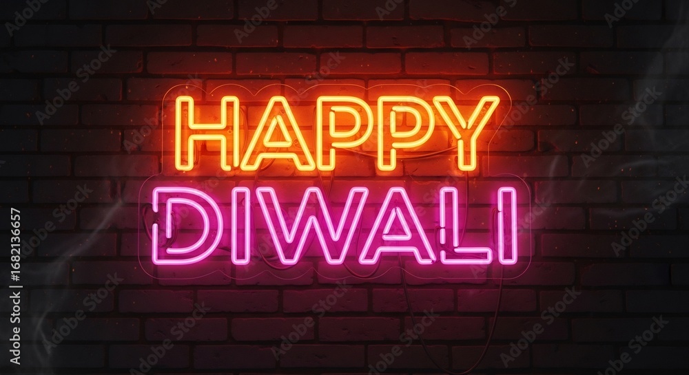 Fototapeta premium Bright neon 'Happy Diwali' sign against a brick wall. Perfect for holiday greetings, festive promotions, event decorations, and vibrant marketing materials. Celebration, lights.