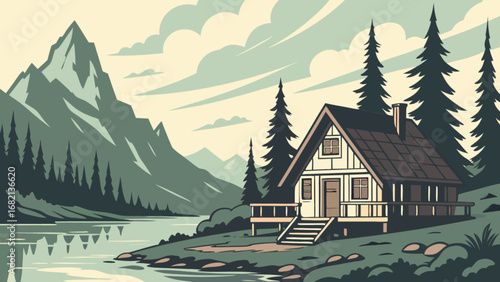 Cabin in the woods vector illustration of mountain lake with pine trees and cozy house retreat scene art