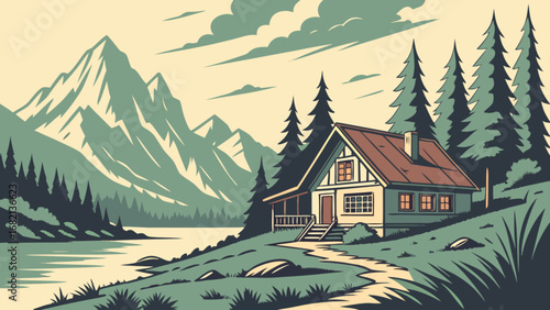 Cabin in the mountains landscape illustration vector design for nature and outdoor adventure 95