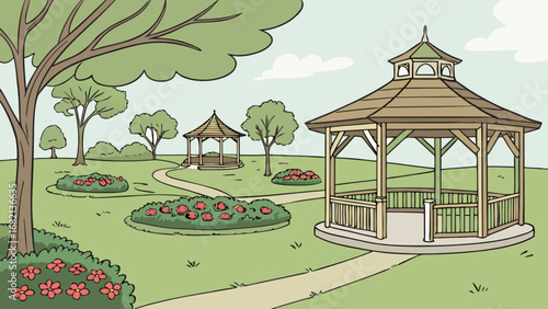 Beautiful garden landscape illustration with gazebo structures and flower beds drawing design vector