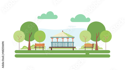 Beautiful city park illustration with gazebo benches and trees vector design for relaxation area scene