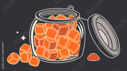 Orange gummy candy jar vector illustration, sweets, snack, confectionery, dessert, treat, food