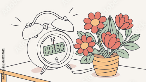 Alarm clock and flower drawing vector illustration time management and floral arrangement design art