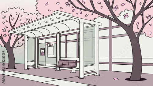 Illustration of bus stop shelter with bench under cherry blossom trees in spring season day scene
