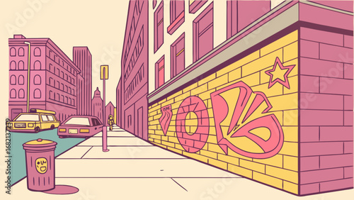 Illustration of urban city street scene with graffiti art on brick wall and vintage cars graphic